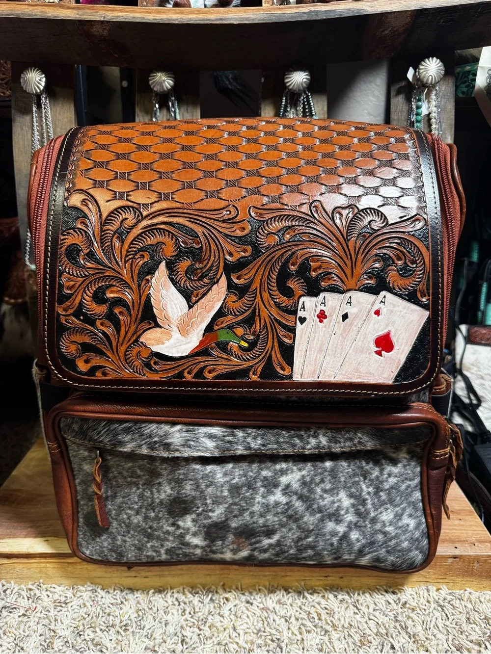 Genuine Handtooled Leather Cowhide New backpack Duck cards Western bag